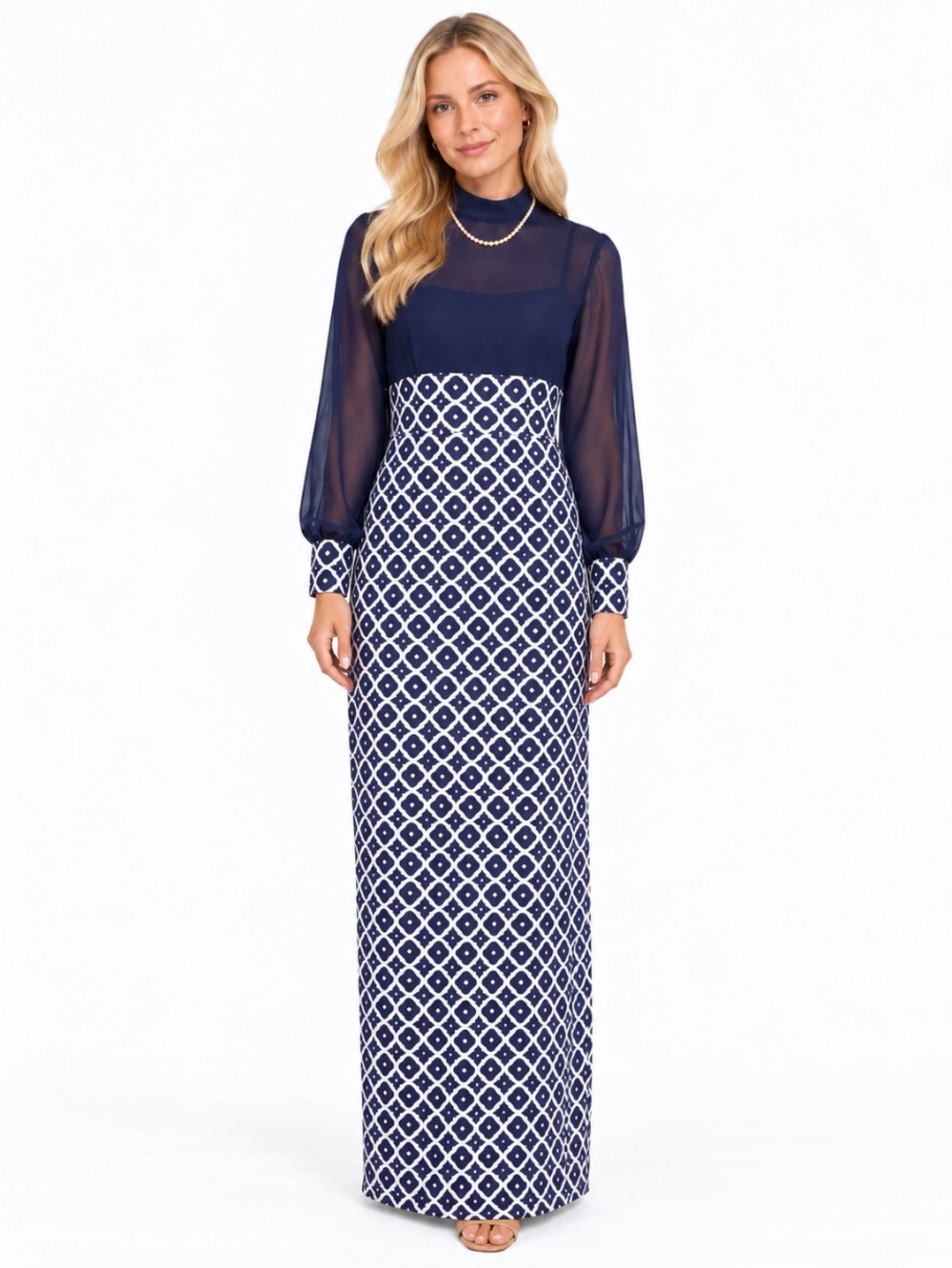 70’s Navy And White Textured Long Sleeve Maxi Dress Size: Large VTG